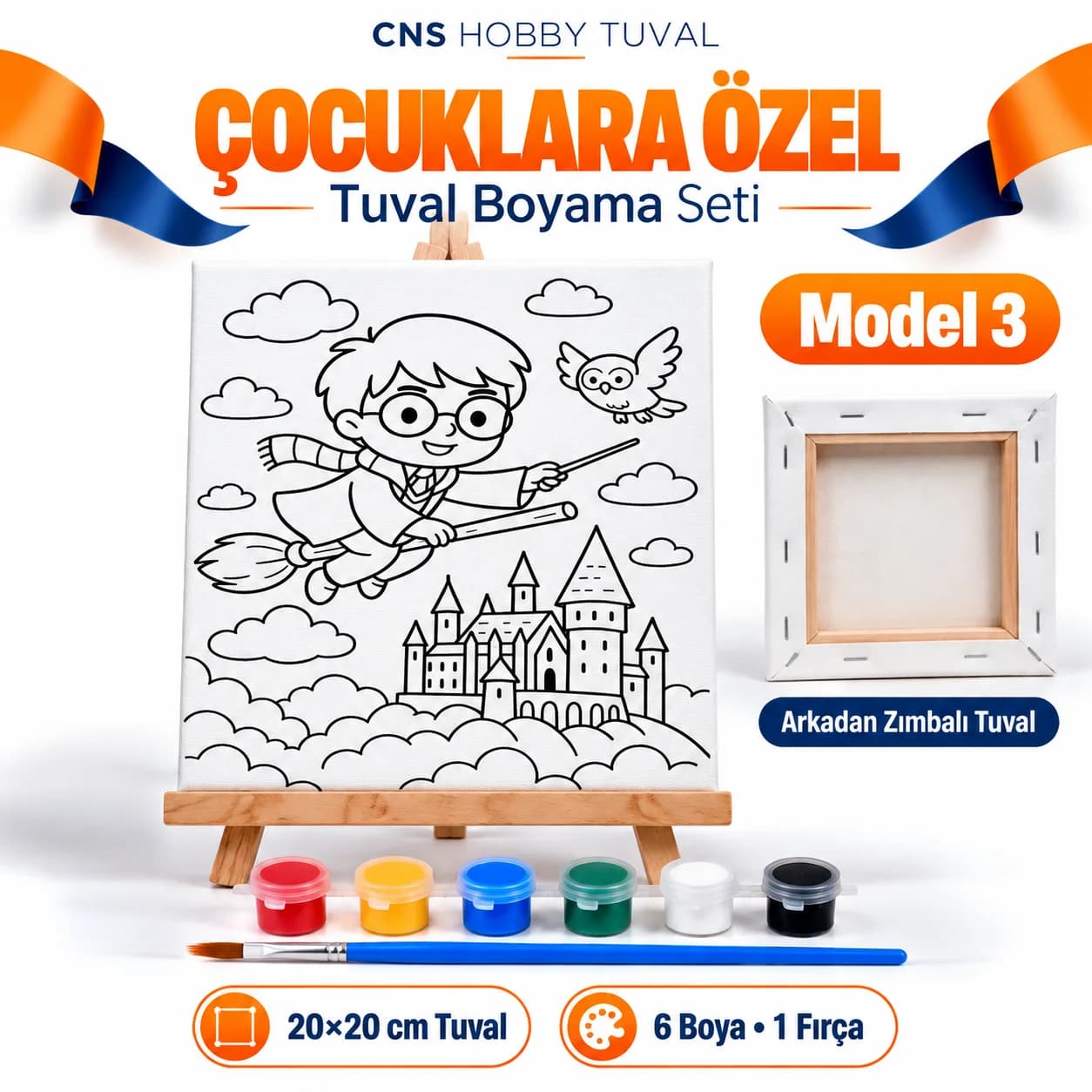 Baskılı Çocuk Tuval Seti 20x20 cm Boya Fırça Dahil MODEL 3