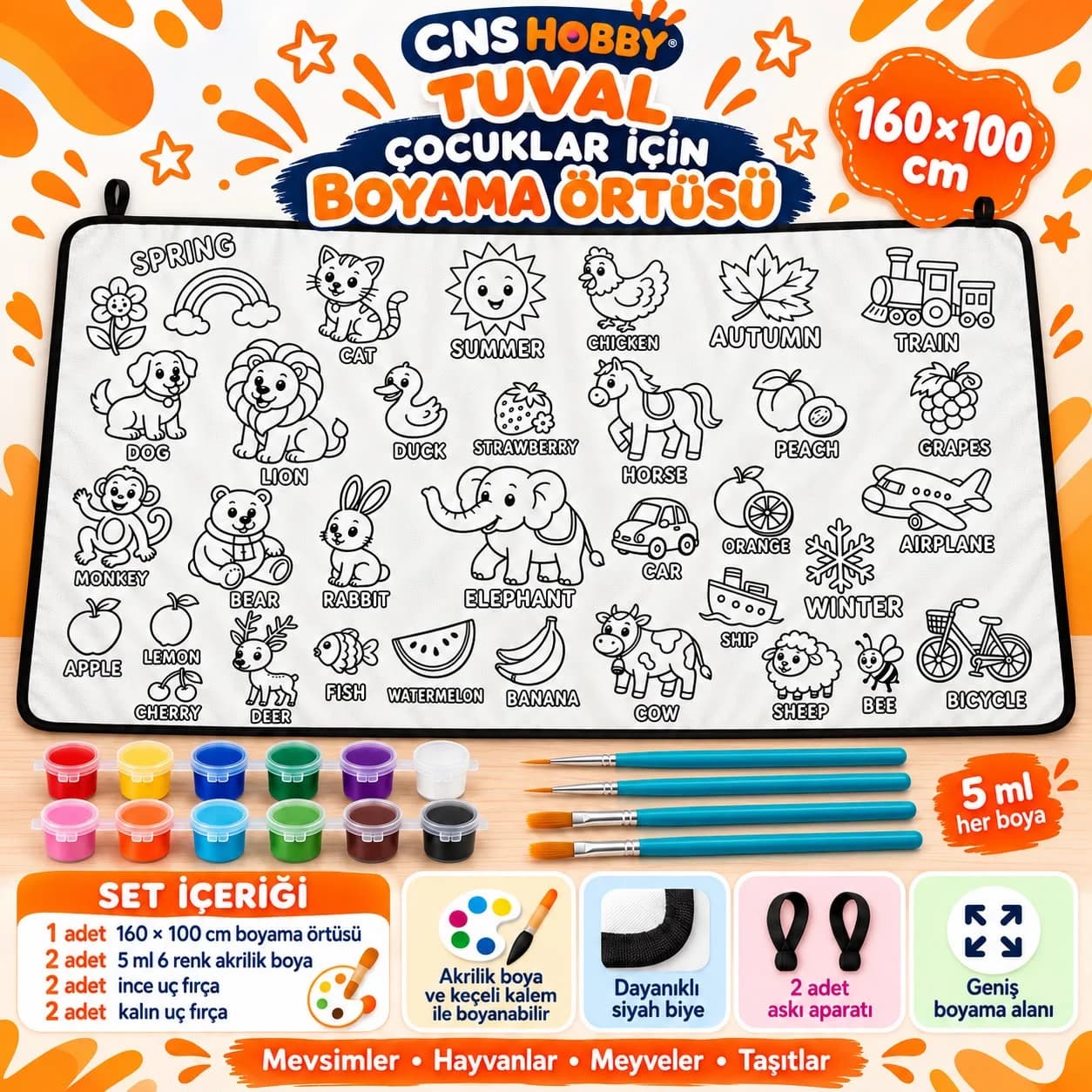 Boyama Örtüsü Boyama Seti 160x100 CM Boya Fırça Dahil
