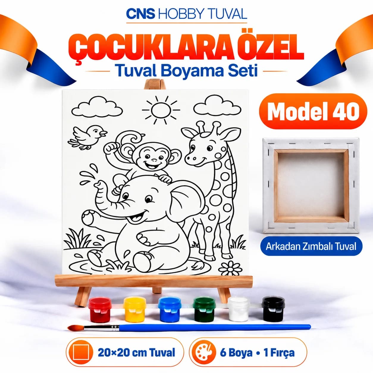 Baskılı Çocuk Tuval Seti 20x20 cm Boya Fırça Dahil MODEL 40