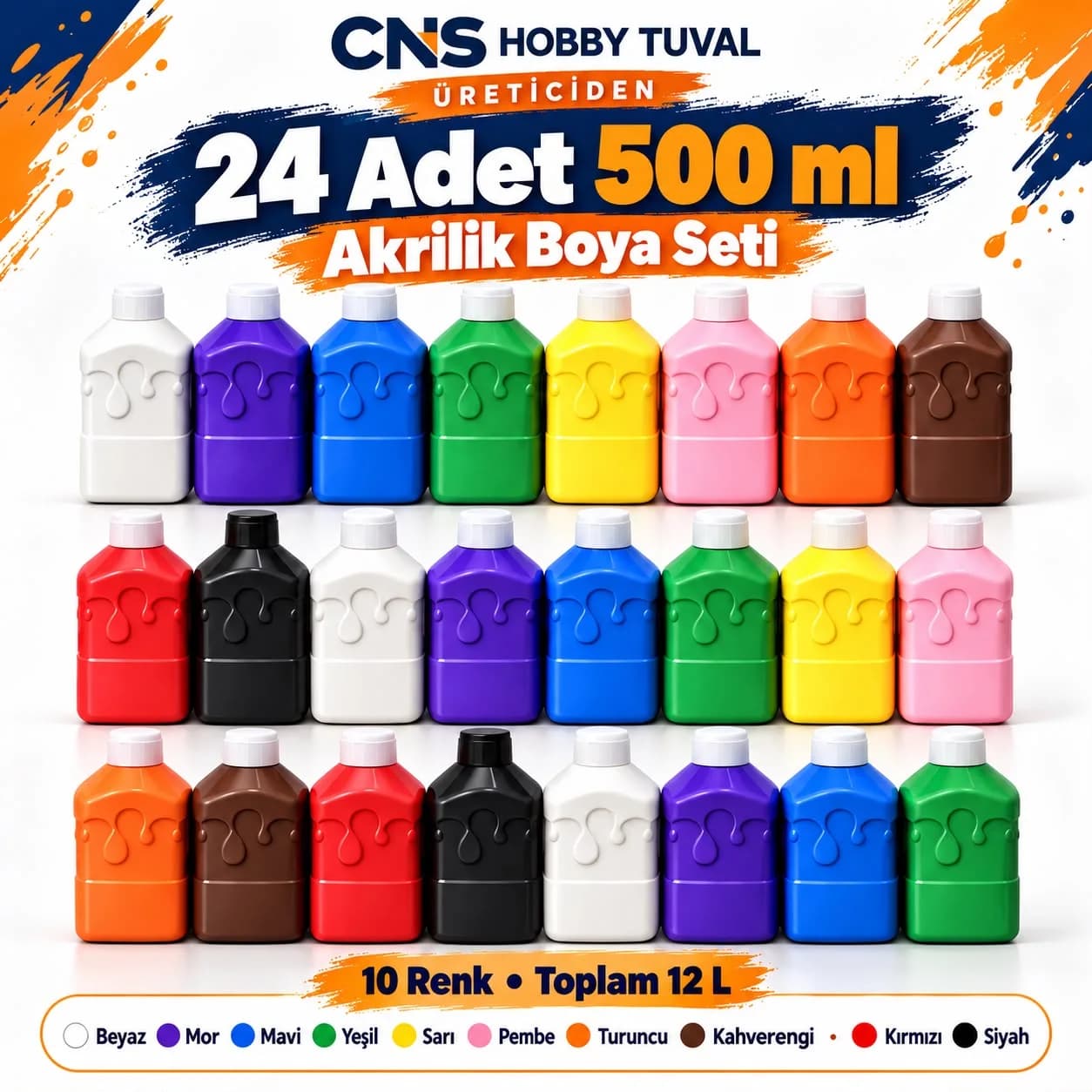 24 ADET 500 ML AKRİLİK BOYA SETİ 10 RENK KARIŞIK
